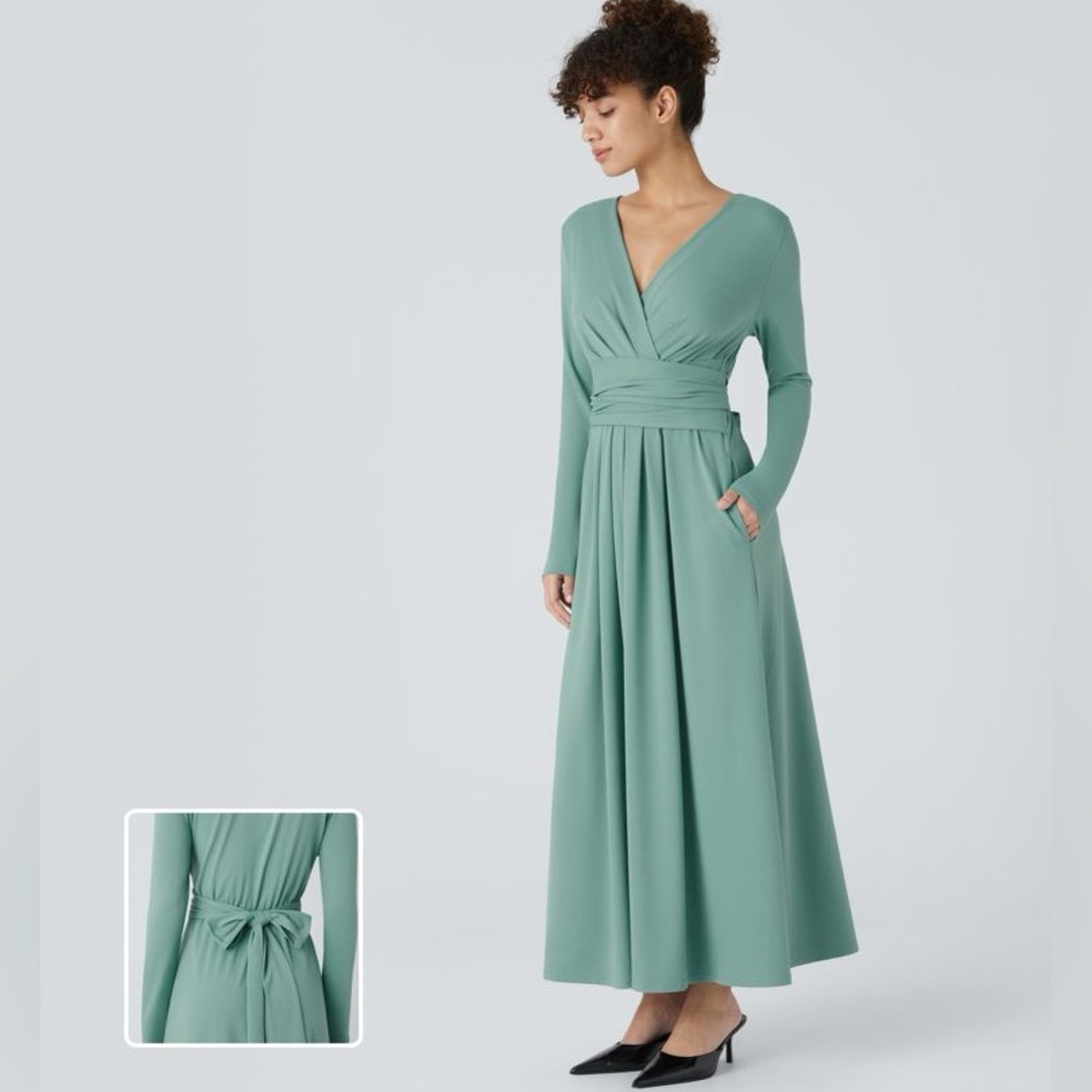 NWT Halara V-Neck Long Sleeve Pocket Tie Back Maxi Dress Azure Sz M